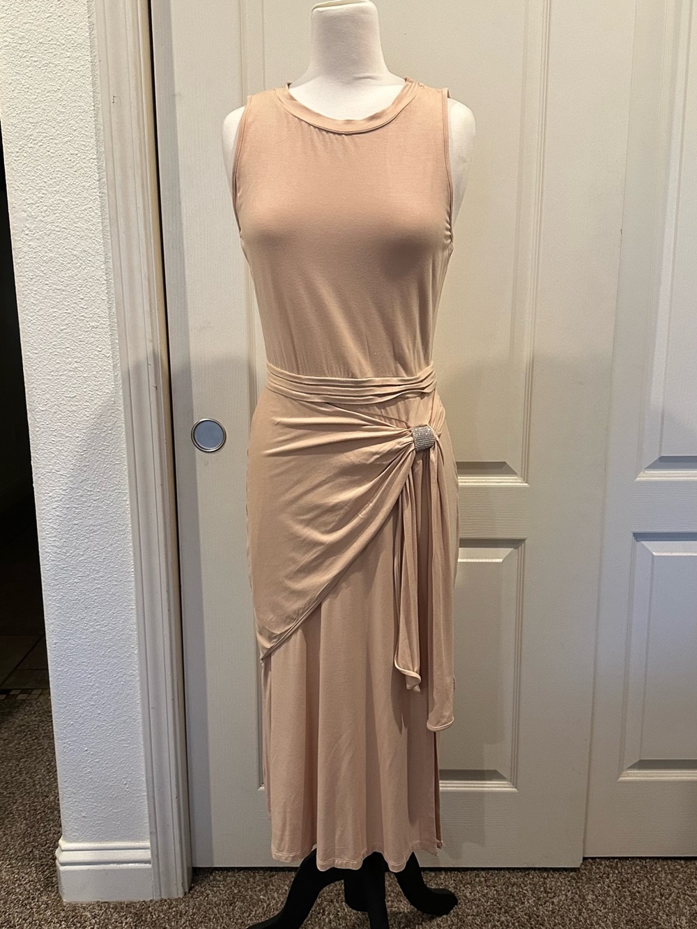 MOTF Sleeveless Asymmetrical Midi Dress in Nude
